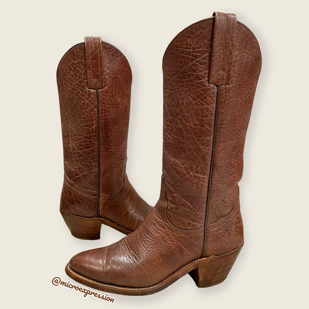 1980s VINTAGE Frye Real Leather Pull On Grainy Brown Pull On Western Cowboy Boot
